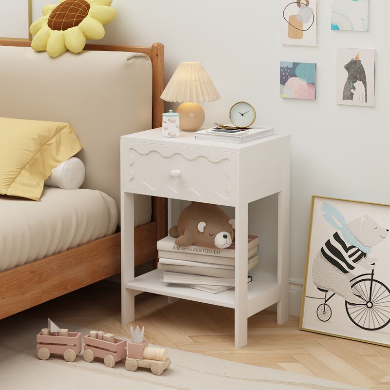 Assembled White Nightstand 1-Drawer 1-Shelf Wave Pattern image number 3