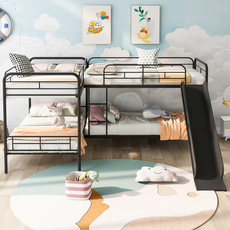 Whisen Twin Size L-Shaped Bunk Bed with Slide and Ladder- Black