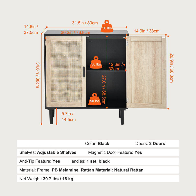 Rattan Buffet Cabinet with 2 Doors and Adjustable Shelves for Entryway Storage image number 2