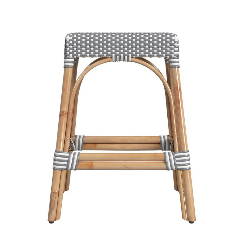 Butler Specialty Robias Rectangular Rattan 24.5 Counter Stool, White and Gray Dot