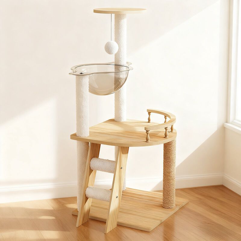 41.3 Inch Modern Cat Tower Wood Cat Tree with Scratching Posts Top Perch and Acrylic Hammock for Indoor Cats