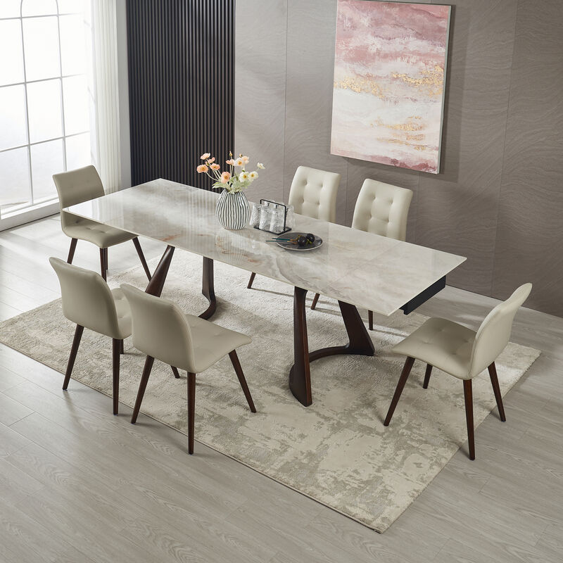 6-Person Dining Table Sets with Retractable Imitation Sintered Stone Table,Heavy Duty Carbon Dark Walnut Solid Wood Base for Kitchen,Living Room image number 2
