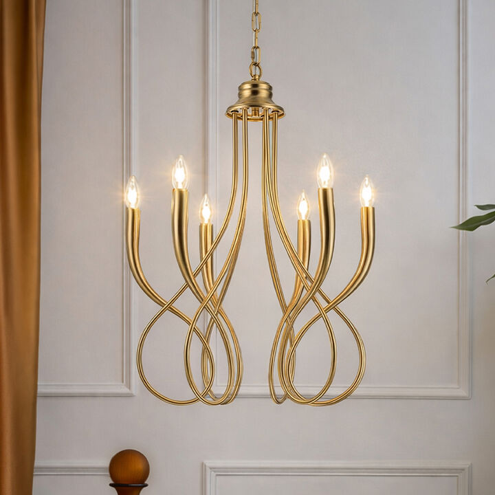 20'' 6-Light Plated Brass Candelabra Chandelier with Curved Arms Mid-Century Modern Pendant Light for Dining Room or Entryway