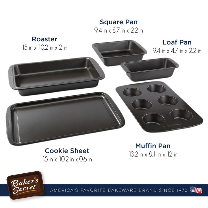 Baker's Secret Bakeware Set of 5 Pans, Stackable Nestable, Easy To Store, Nonstick Coating, Durable Carbon Steel Construction, Essentials Line,Dark Gray