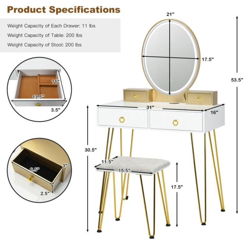 Hivvago Vanity Table Set with 3-Color Lighted Dimmable Mirror