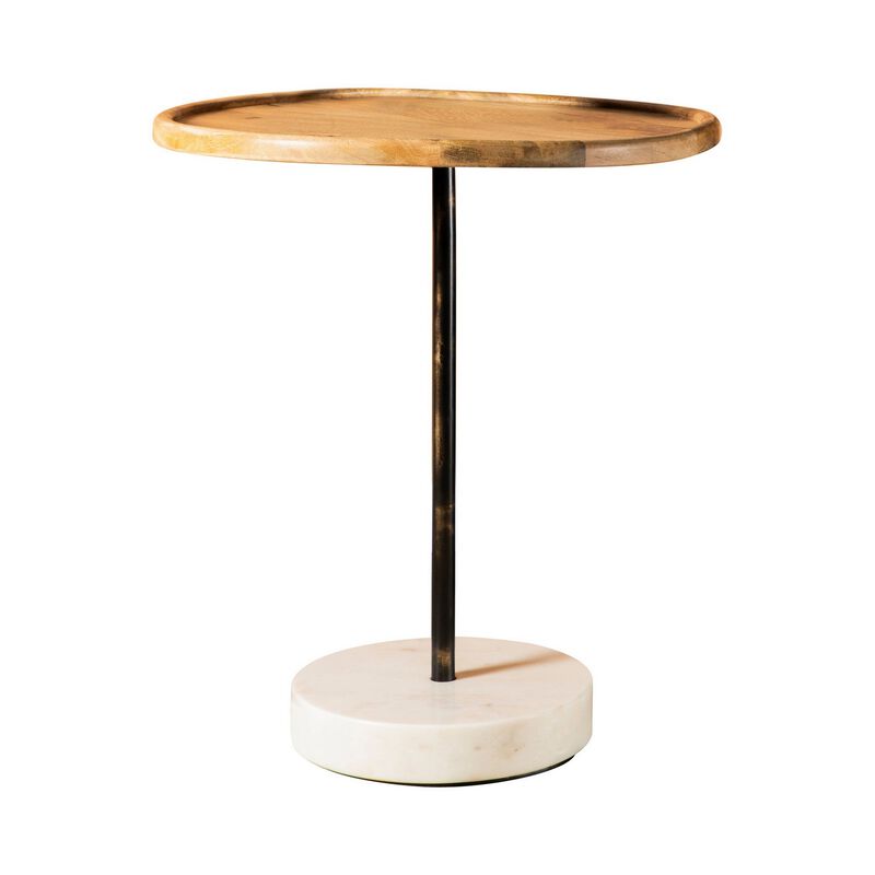 27 Inch Modern Accent End Table, Round Marble Base, Wood, White and Brown-Benzara image number 1