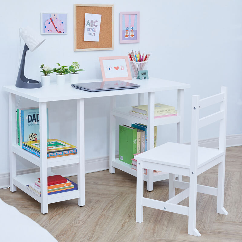 Fantasy Fields -  Kids wooden Desk & Chairs set with shelves on the side  - White