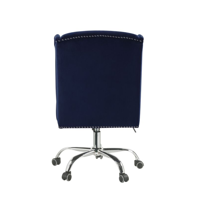Velvet Upholstered Armless Swivel and Adjustable Tufted Office Chair, Blue-Benzara
