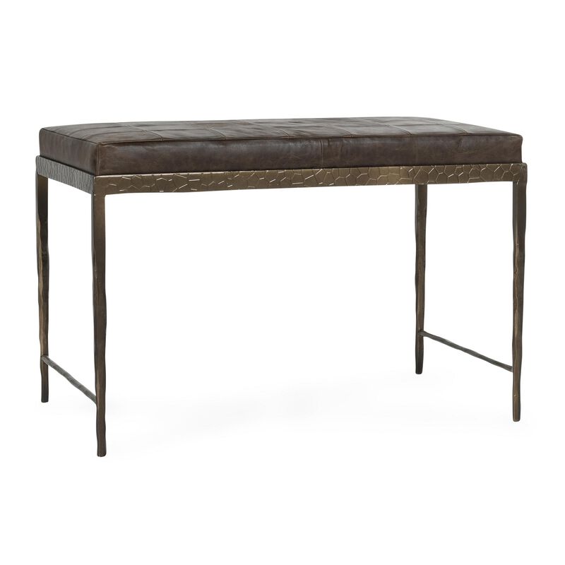 Jora Ottoman Bench, Patchwork Cocoa Brown Leather, Bronze Iron 28 Inch - Benzara