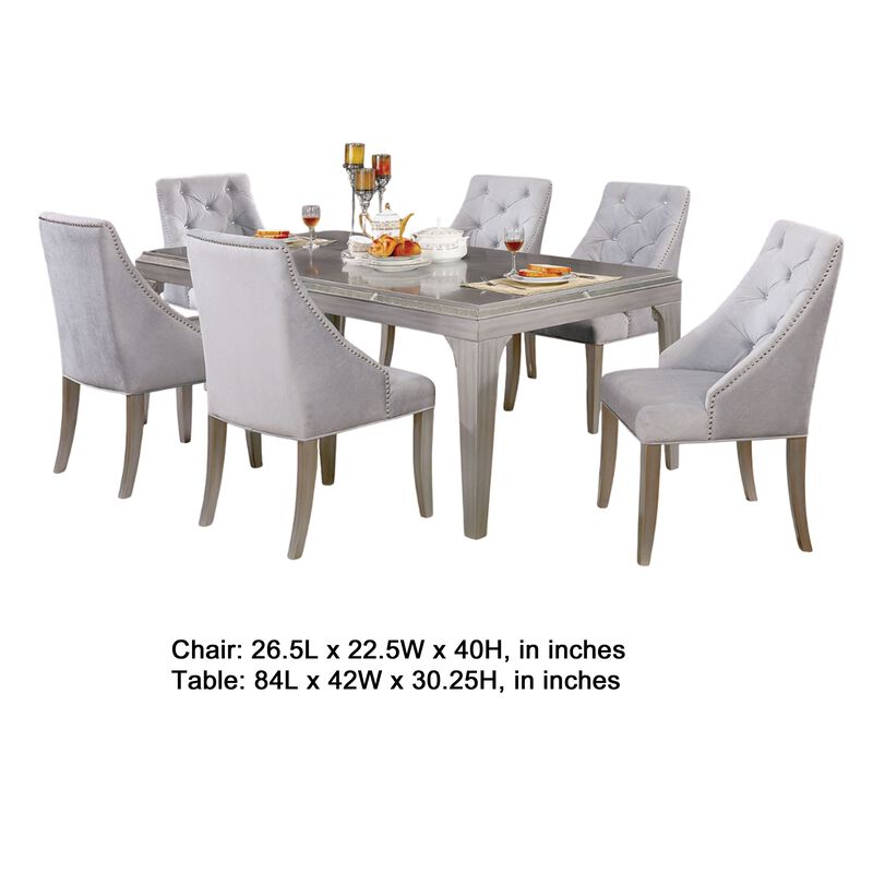 Jamie 7pc Dining Table Set, 6 Button Tufted Fabric Chairs, Silver-Gray image number 5