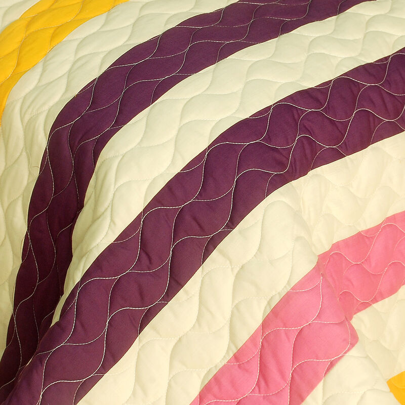 Vermicelli Quilted 3PC Patchwork Quilt Set Reversible Horizontal Stripes image number 2