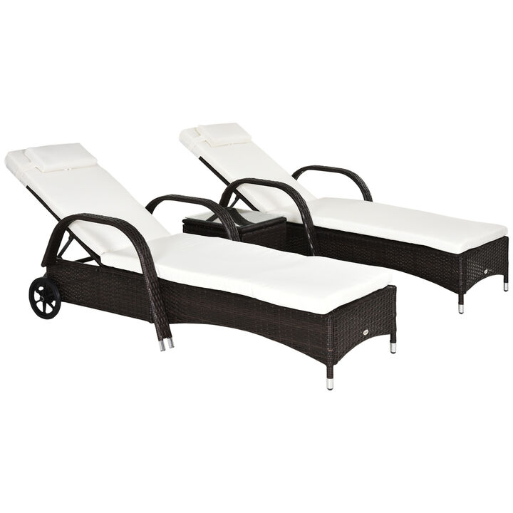Outsunny Chaise Lounge Set of 2 with 5 Angle Backrest, Wheels, Armrests, Outdoor Coffee Table, Cushions, PE Rattan Wicker Poolside Chairs, 3-Piece Pool Furniture Set, Beige