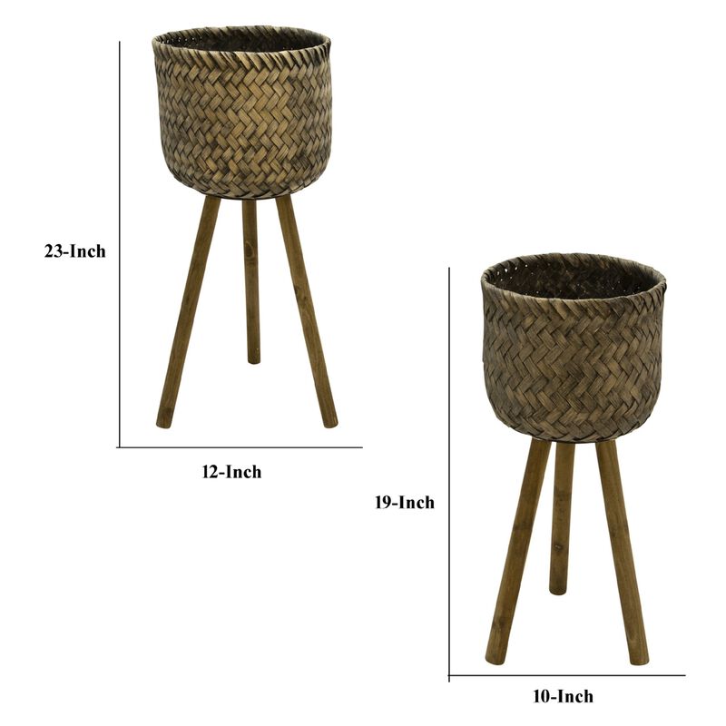 Basket Shape Bamboo Planters on Flared Wooden Stand, Rustic Brown, Set Of Two-Benzara