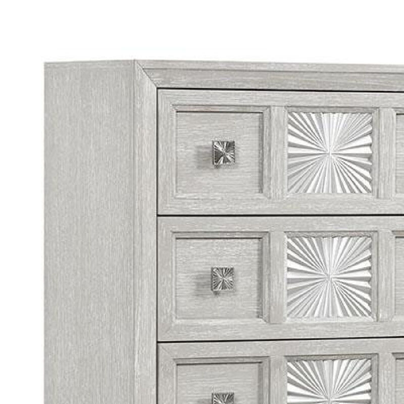 Diaz Tall Dresser Chest, 5 Drawers, Sunburst Metal Design, Light Gray - Benzara
