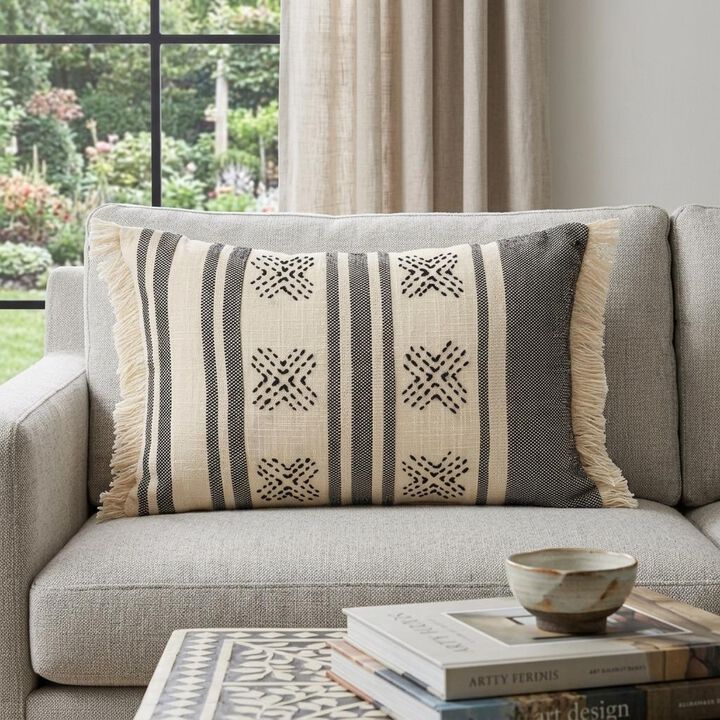HomeRoots 14" X 20" Beige and Black Southwestern Cotton Throw Pillow With Fringe