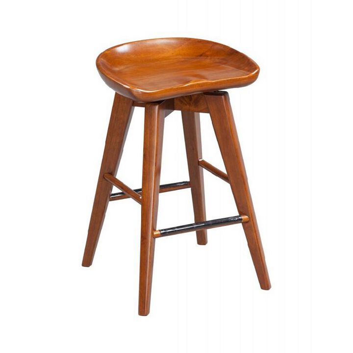 Contoured Seat Wooden Swivel Counter Stool with Angled Legs, Walnut Brown - Benzara