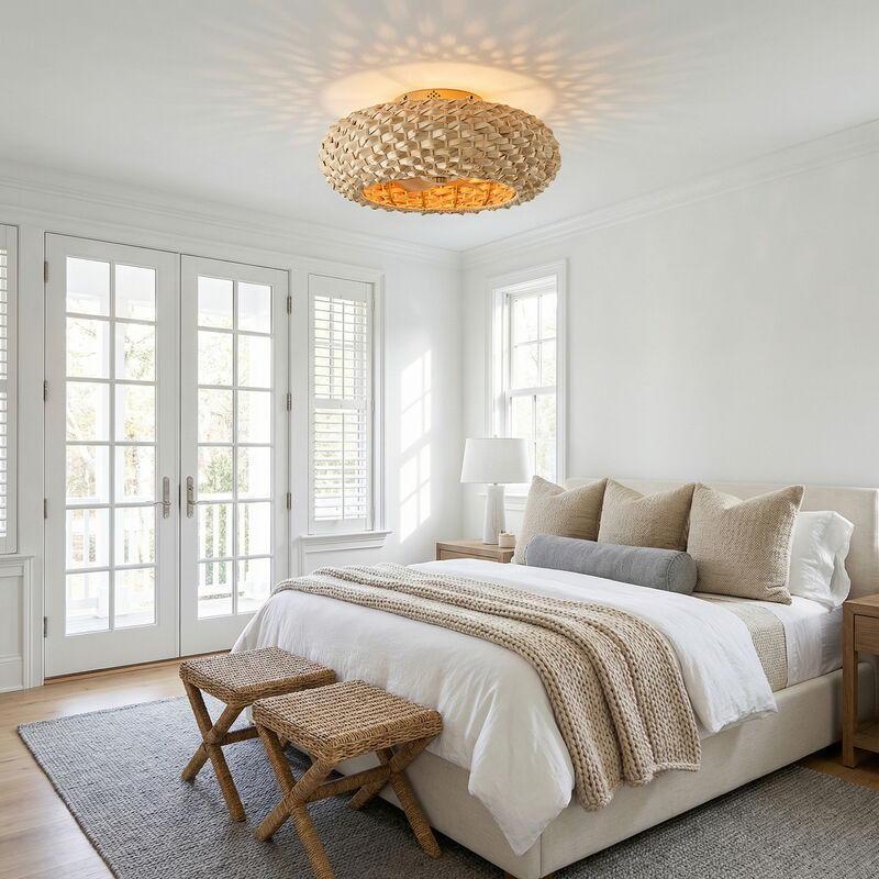 20.5" Farmhouse Antique Gold Caged Hand Woven Bamboo Ceiling Fan with Light and Remote for Bedroom, Hallway or Dining Hall image number 4