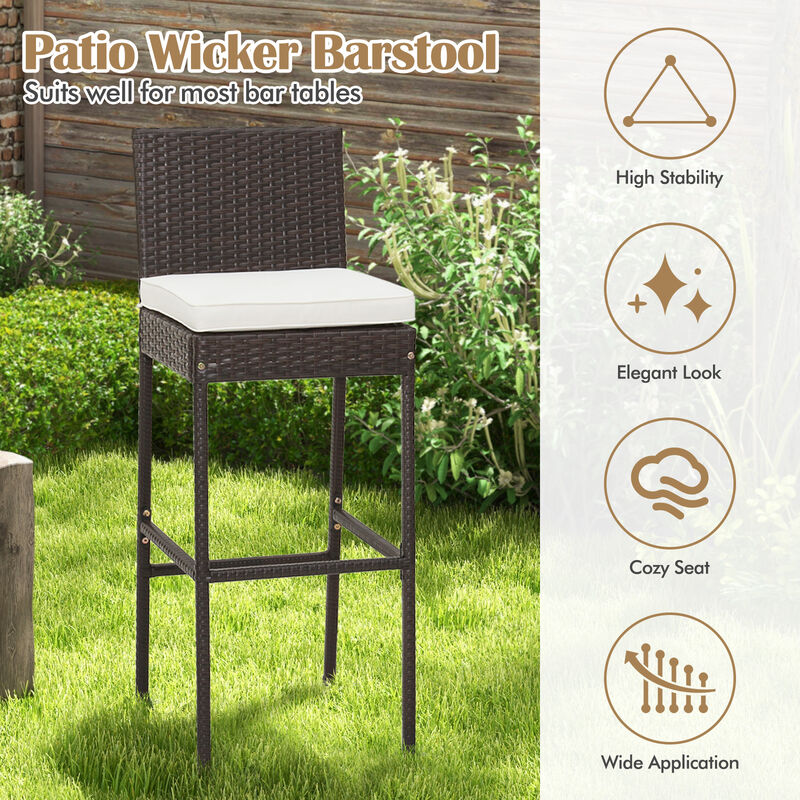 Patio Wicker Barstools with Seat Cushion and Footrest