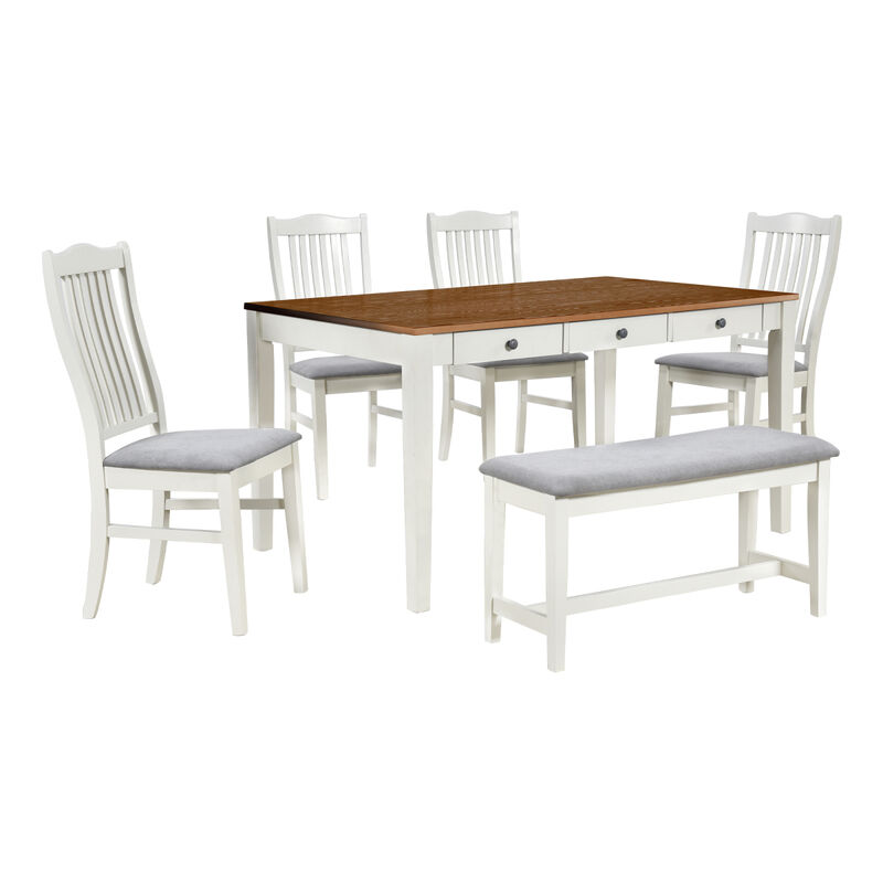 Mid-Century 6-Piece Wood Dining Table Set, Kitchen Table Set with Drawer, Upholstered Chairs and Bench, Butter Milk