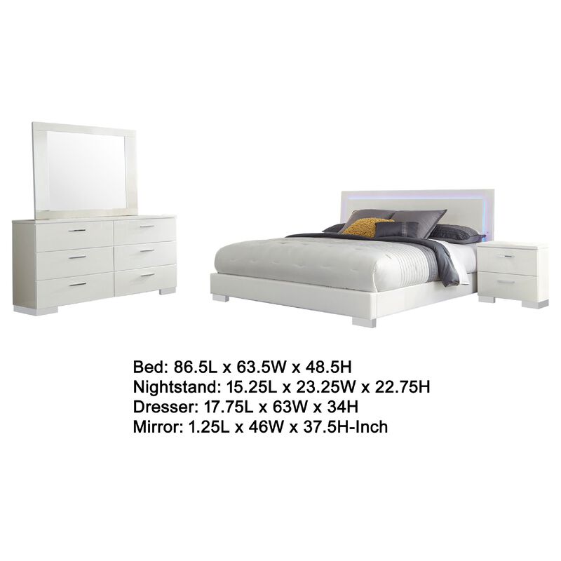 Sok 4pc Queen Bedroom Set, Faux Leather Upholstery, High Gloss White