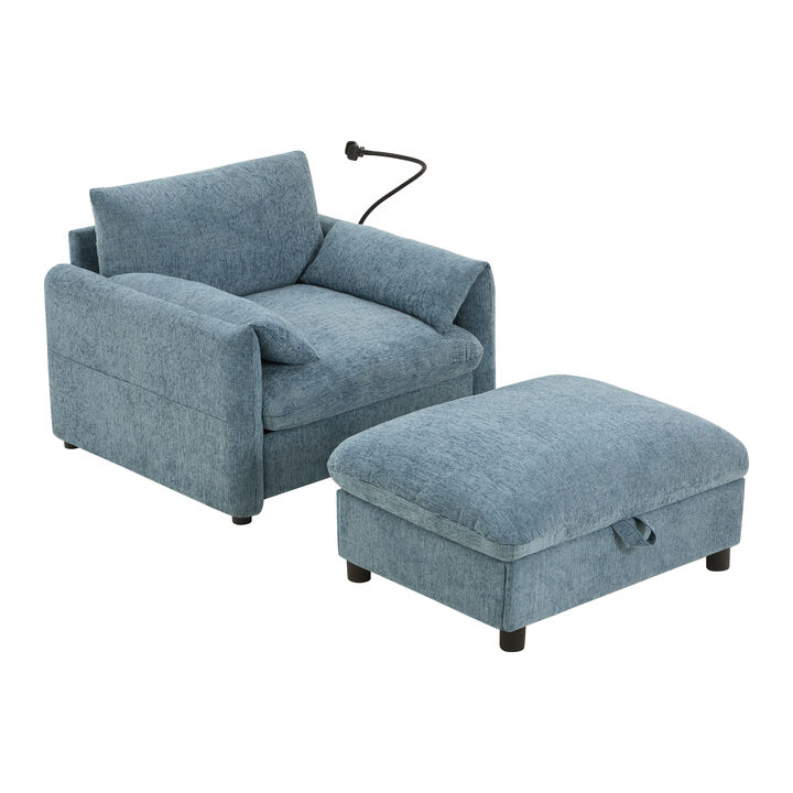Whisen 38" Accent Chair with Storage Ottoman, USB Charger, Side Storage Pockets, Pillow-Like Armrests, Wide Seat Chaise Lounge