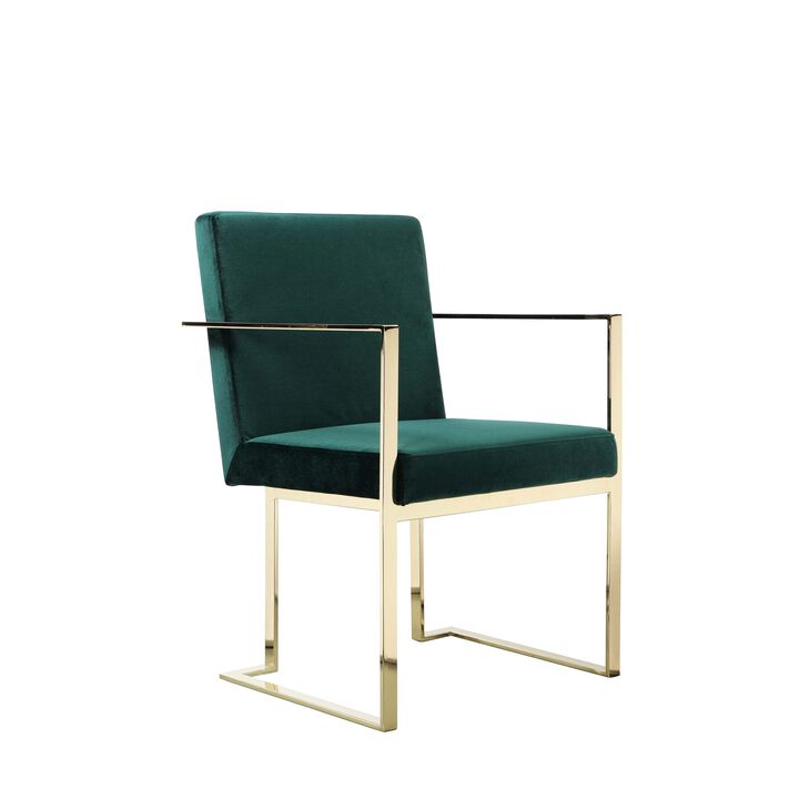 Boly 24 Inch Dining Armchair, Cushioned Green Velvet Seat, Gold Cantilever  - Benzara