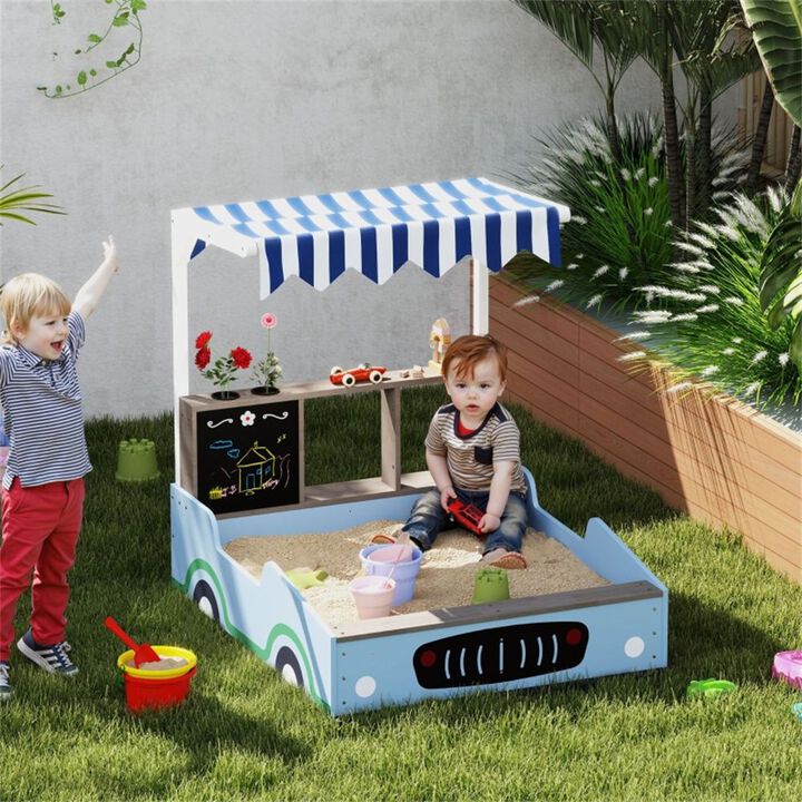 Wooden Kids Sandbox with Canopy and Toy Car Design-Light Blue