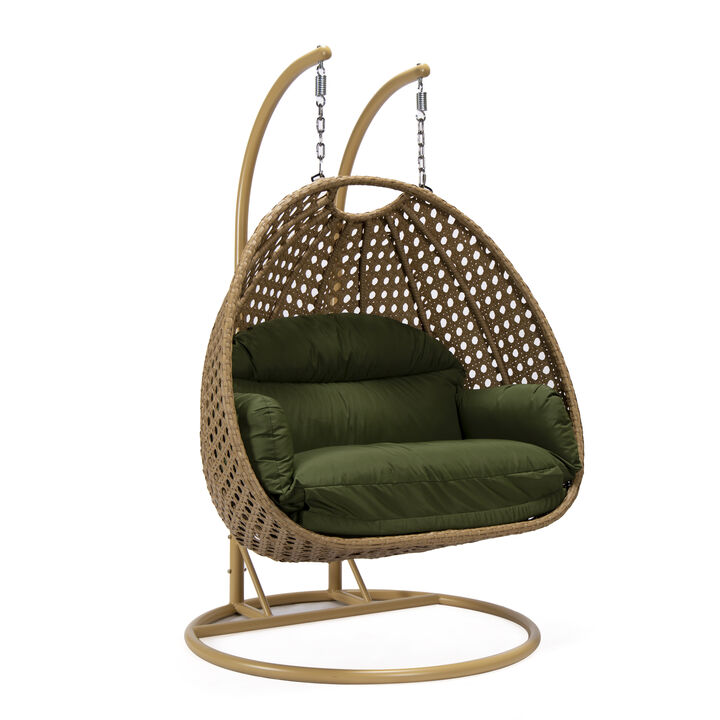 LeisureMod Mendoza Light Brown Wicker Hanging 2 person Egg Swing Chair Removable Cushion With Iron Base