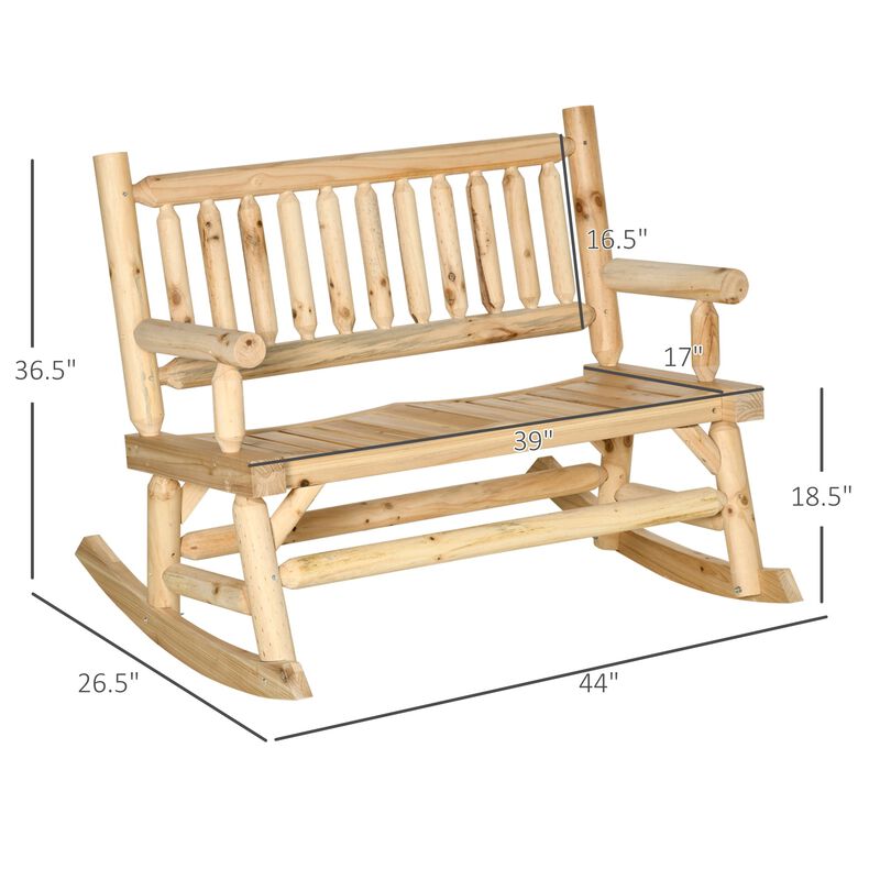 2-Person Wood Rocking Chair with Log Design, Heavy Duty Loveseat with Wide Curved Seats for Patio, Backyard, Garden, Natural