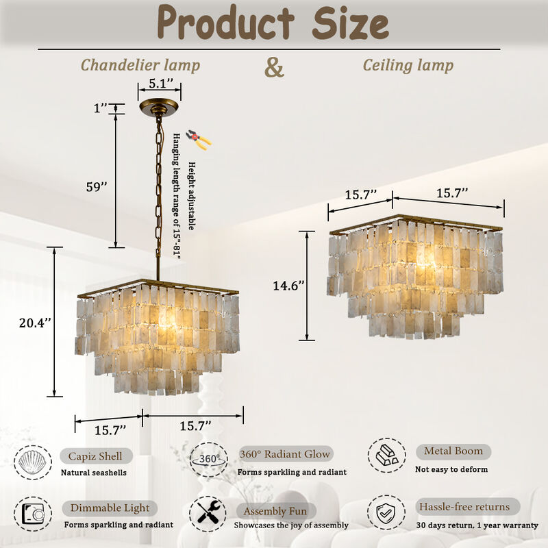 3-Light Unique/Statement Square Coastal Natural Capiz Shell Tiered Chandelier image number 5