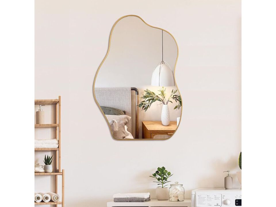 Gold Irregular Asymmetrical Wall Mirror 28x20 Inch Wood Frame Decorative Mirror