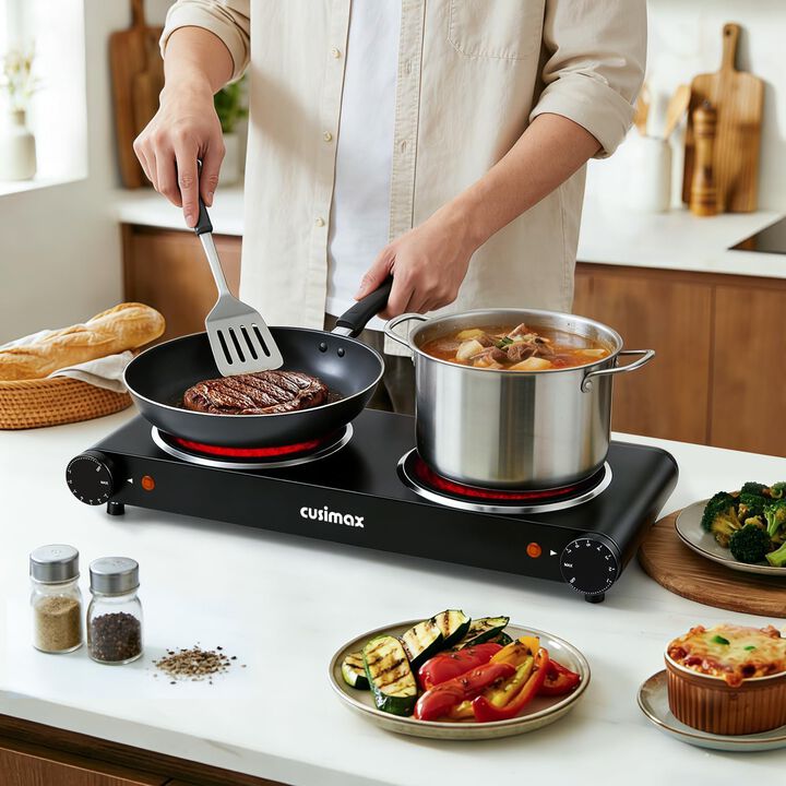 Cusimax 7.1 inch Portable Electric Hot Plate, 1800W Glass Dual Countertop Electric Cooktop, Stainless Steel Infrared Electric Stove