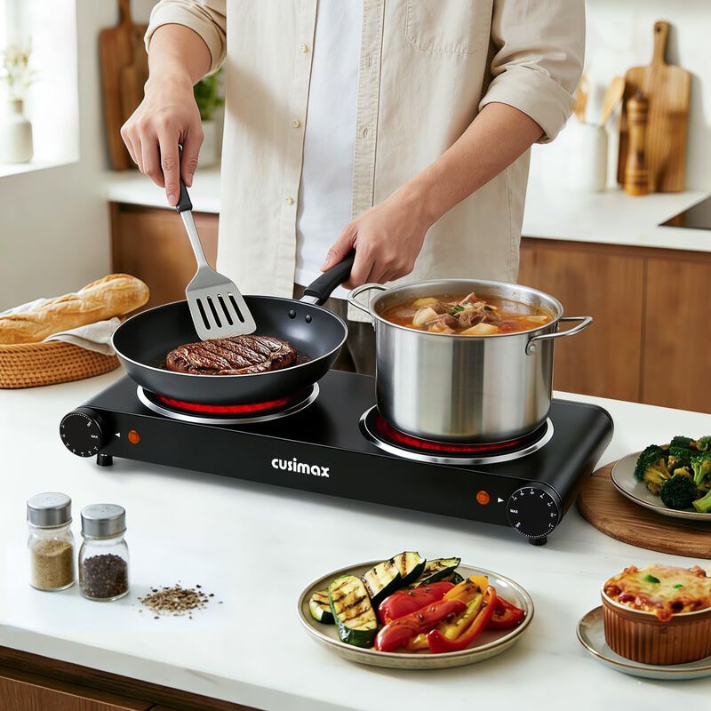 Cusimax 7.1 inch Portable Electric Hot Plate, 1800W Glass Dual Countertop Electric Cooktop, Stainless Steel Infrared Electric Stove image number 1