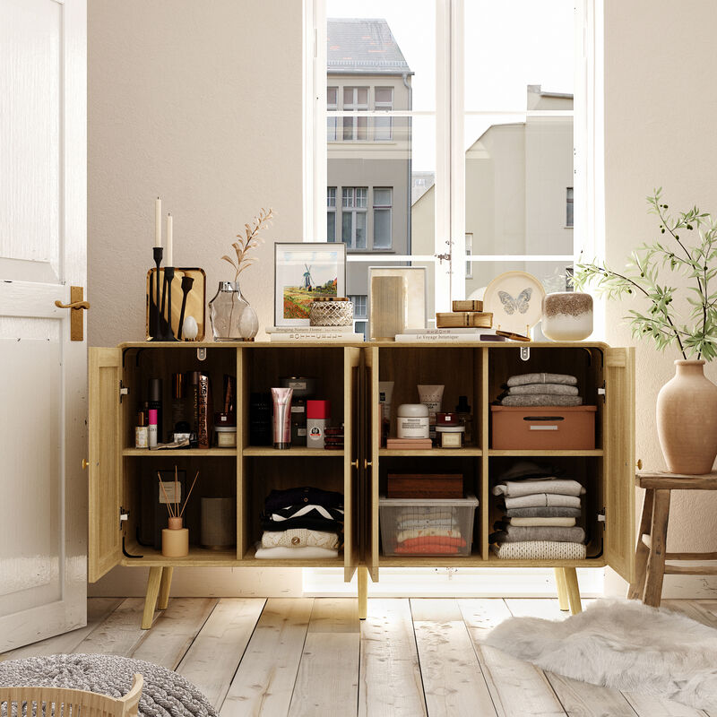 FUFU&GAGA Rattan Wardrobe, Modern Closet with 4 Doors, Gold Handles & Solid Wood Legs, Bedroom Storage Cabinet for Clothes & Accessories (55.1" W x 32.1" H x 13.9" D), Natural Wood