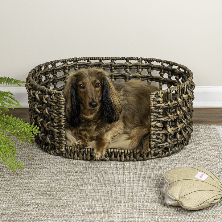 Gigi Modern Bohemian Handwoven Hyacinth Open-Weave Oval Pet Bed with Machine-Washable Cushion