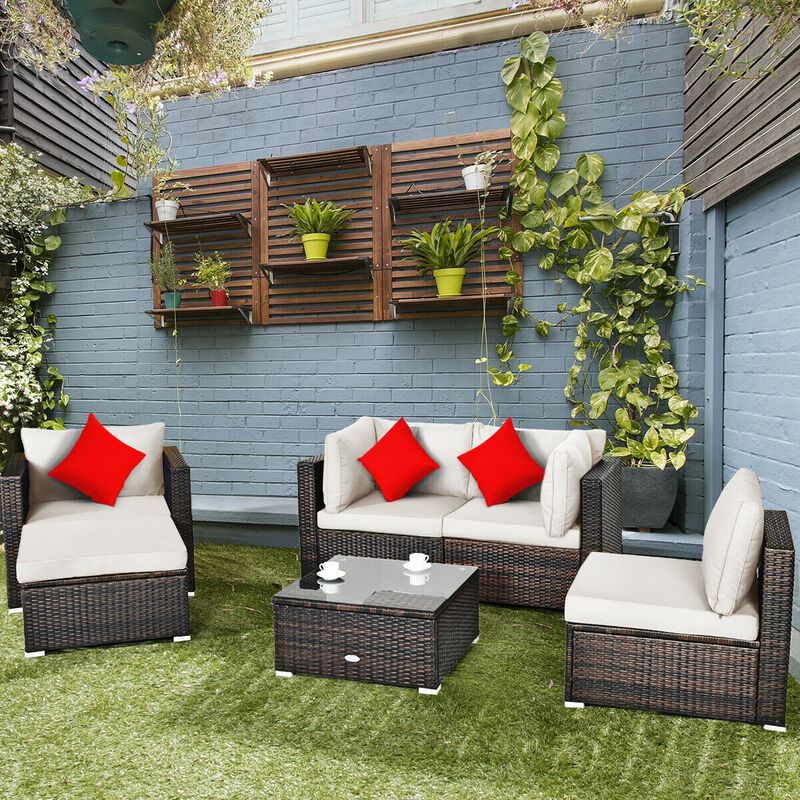 6 Pcs Patio Rattan Furniture Set with Sectional Cushion