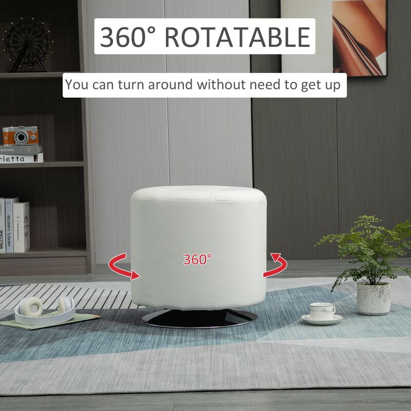360A° Swivel Foot Stool, Round Tufted PU Ottoman with Thick Sponge Padding & Solid Steel Base, White