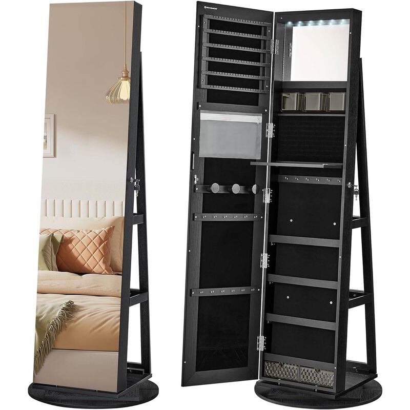 Hivvago Black Wood Jewelry Cabinet Armoire Organizer Freestanding Rotating Mirror