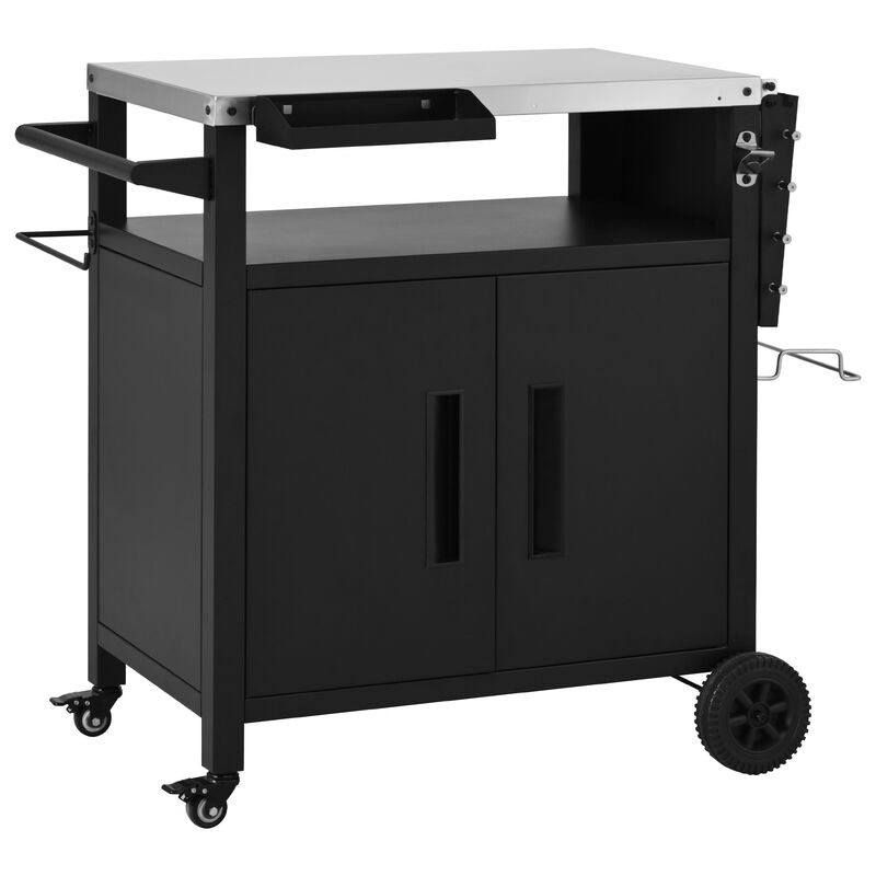 Whisen 45" Outdoor Grill Cart with Foldable Table, Wheels & Spice Rack, Stainless Steel & Metal BBQ Prep Station image number 0