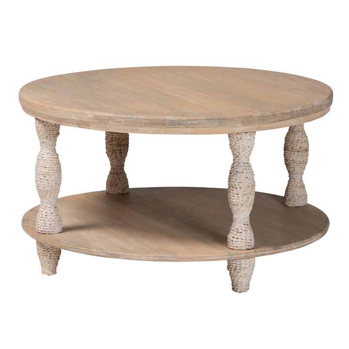 bali & pari Lejane Wood Coffee Table with Seagrass Wrapped Legs - Round Living Room Table with Open Shelf Storage