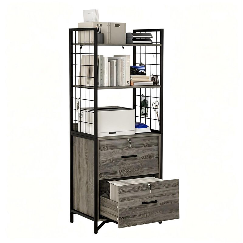 File Cabinet, 64"H Filing Cabinet with Printer Stand and Bookshelf, Small Office Cabinet with 2 Wood Drawers and Shelves, Drawer Office File Cabinets image number 8