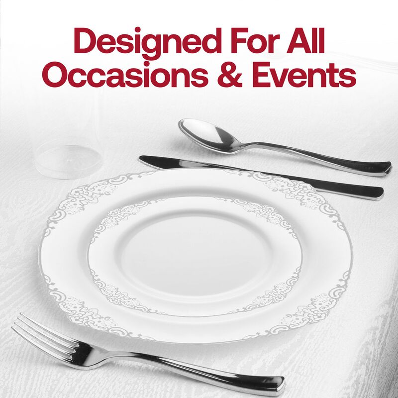 White with Silver Fancy Round Plastic Dinnerware Value Set (60 Sets) image number 7