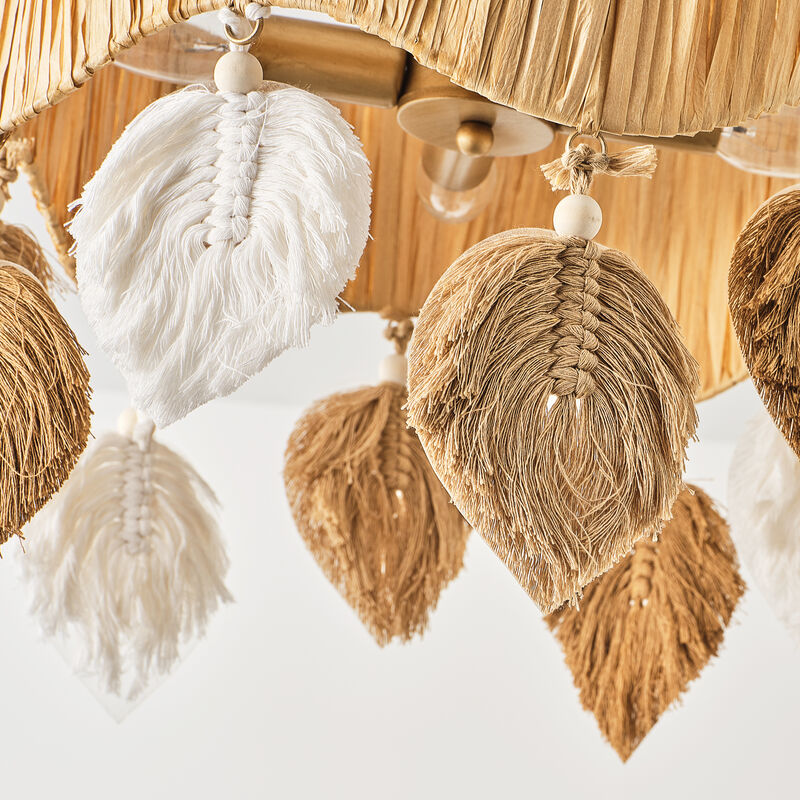 15.7" 4-Light Boho Antique Gold Handwoven Raffia Semi-Flush Mount Ceiling Light with Leaf-Shaped Cotton Cord Hanging Ornament for Bedroom, Living Room or Entryway image number 9