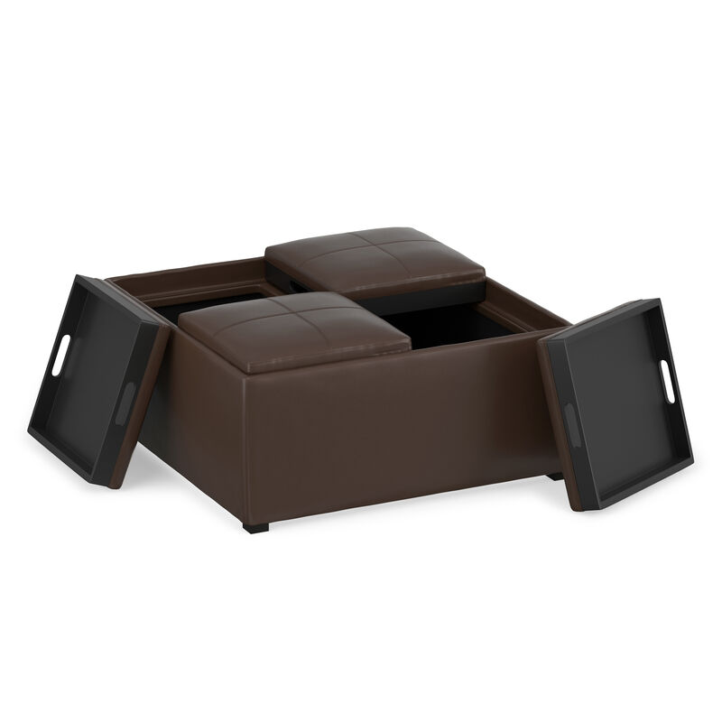 Avalon 35 inch Wide Contemporary Square Coffee Table Storage Ottoman in Chocolate Brown Vegan Faux Leather, Assembled image number 3