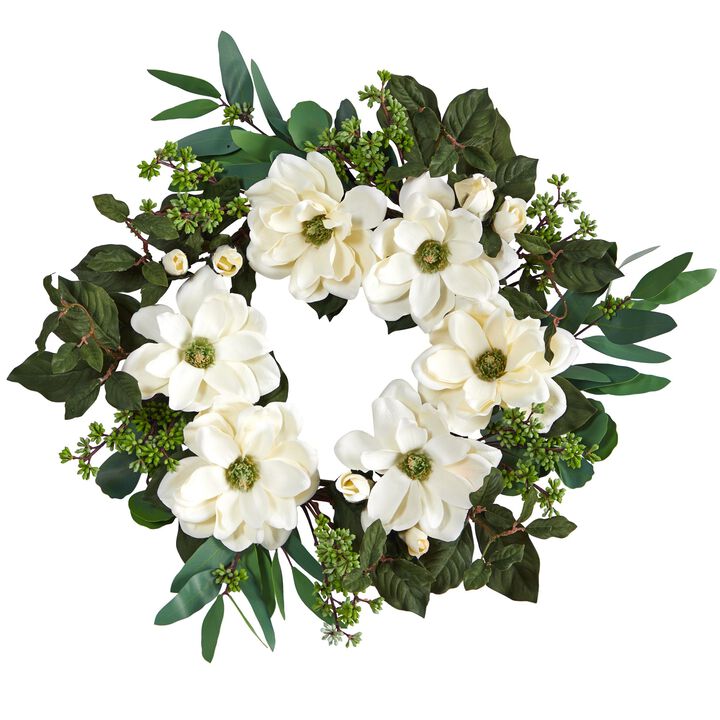Nearly Natural 23-in Magnolia, Eucalyptus and Berries Artificial Wreath