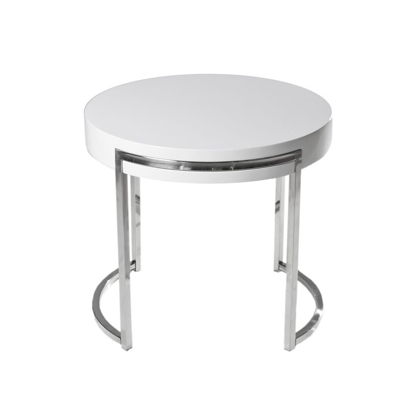 Dami 22 Inch Side End Table, White Lacquer Round Top, Open Metal Frame