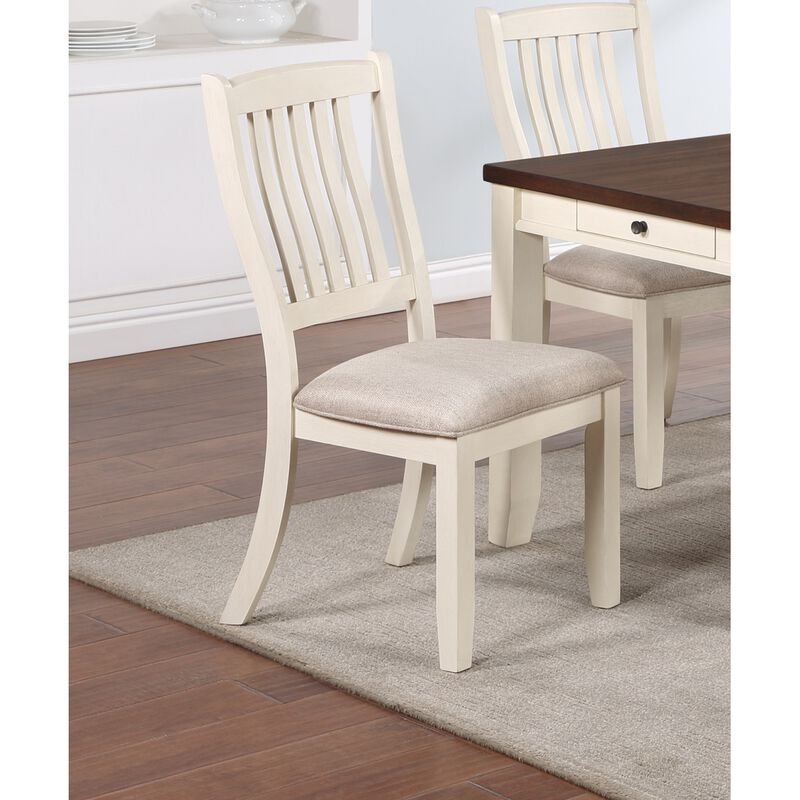 White Classic 2 PCS Dining Chairs Set Rubberwood Beige Fabric Cushion Seats Slats Backs Dining Room Furniture Side Chair