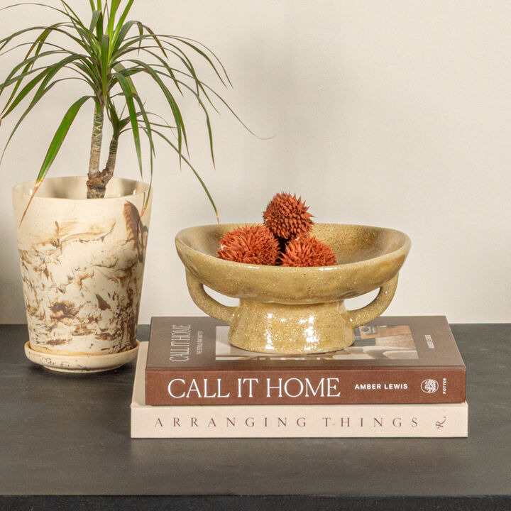 Stoneware Footed Pedestal Bowl with Handles, Reactive Glaze, Taupe