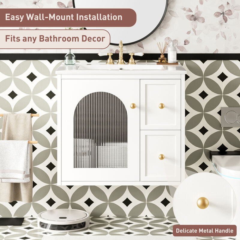 ELEMENT ACE Compact Wall Mounted Bathroom Vanity Set with Ceramic Sink and Storage Cabinet image number 8