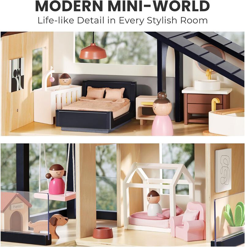 Wooden Doll House, Modern Family Dollhouse with Realistic Design - 7 Rooms Dollhouse with 53 PCS Accessories, Montessori Pretend Play Toddler Toy image number 5